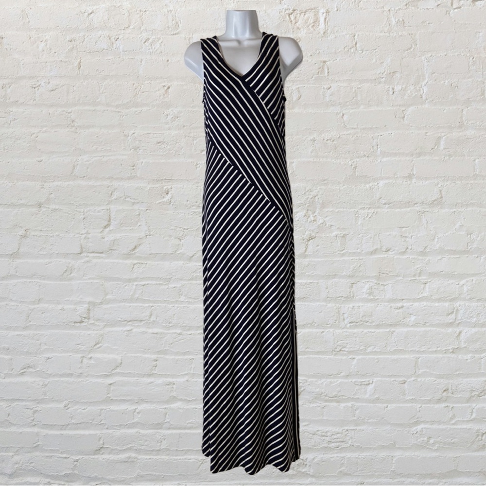Nina Leonard Sleeveless Mixed Stripe Maxi Long Dress Navy Small New